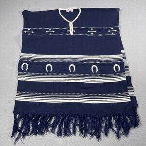 Leclerc Mexican‎ Poncho Blue White Horseshoe Knit Fringe Boho Festival Wear